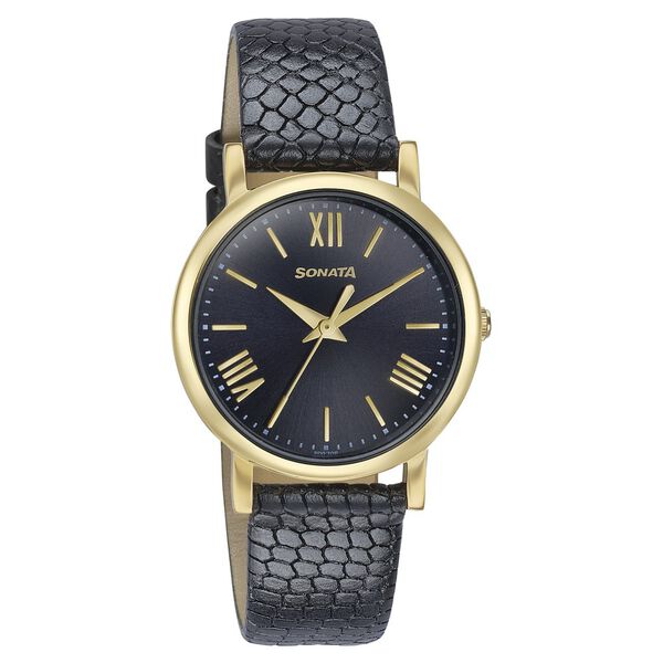 Sonata Glam Gold Quartz Analog Black Dial Leather Strap Watch For Women - image number 1