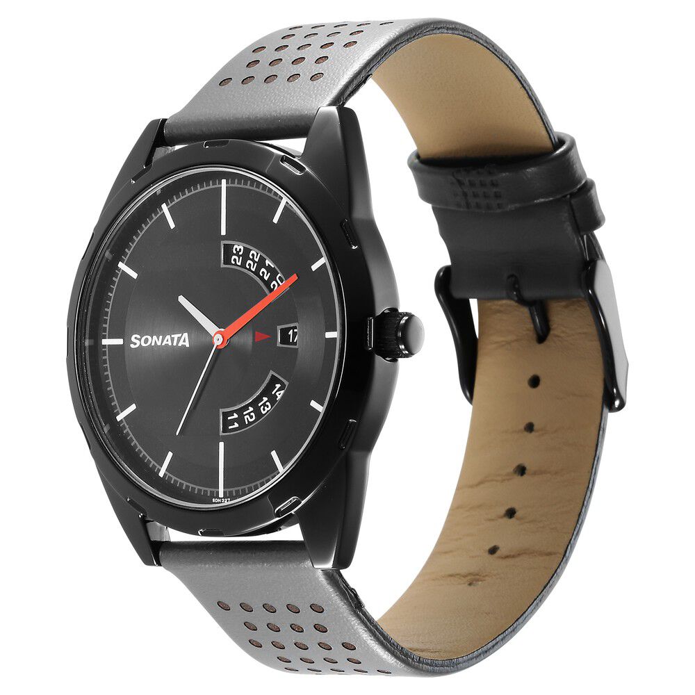 Buy Online Sonata RPM Black Dial Leather Strap Watch for Men