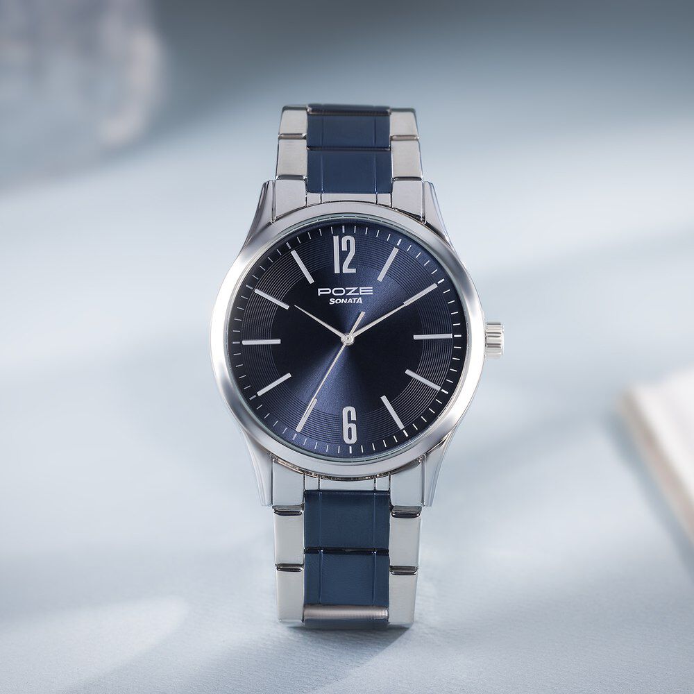 Sonata Poze Quartz Analog Blue Dial Metal Strap Watch for Men