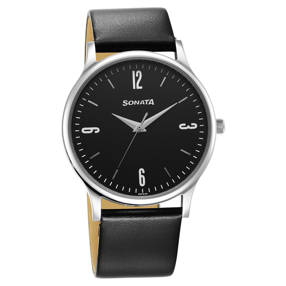 Buy Online Sonata Aspire Quartz Analog Black Dial Leather Strap Watch for Men 77105sl14w Sonata