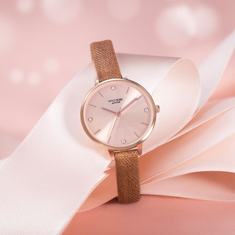 Sonata Poze Quartz Analog Rose Gold Dial Leather Strap Watch for Women