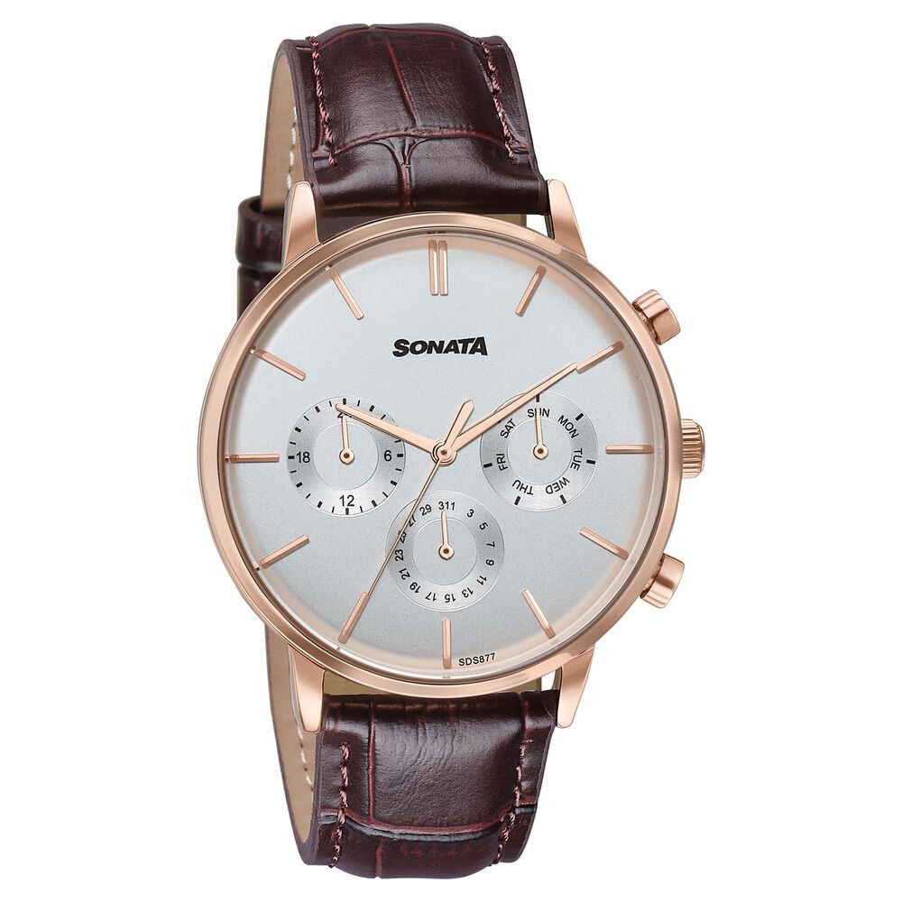 Buy Online Sonata Festive Quartz Multifunction Silver Dial Brown
