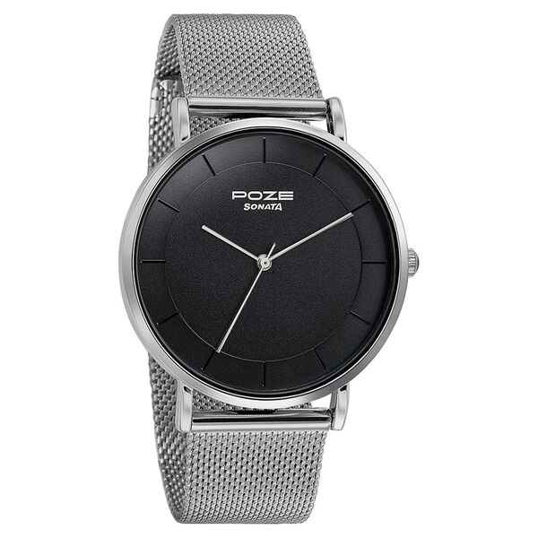 Sonata Poze Quartz Analog Black Dial Silver Mesh Strap Watch For Men - image number 2