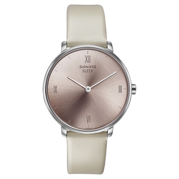 Sonata Sleek Quartz Analog Pink Dial Beige Leather Strap Watch for Women - image number 0
