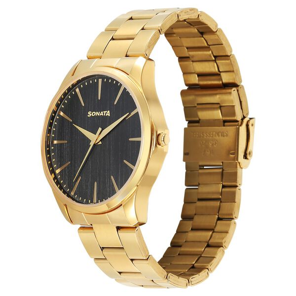 Sonata Traditional Essentials Quartz Analog Black Dial Golden Metal Strap Watch For Men - image number 1