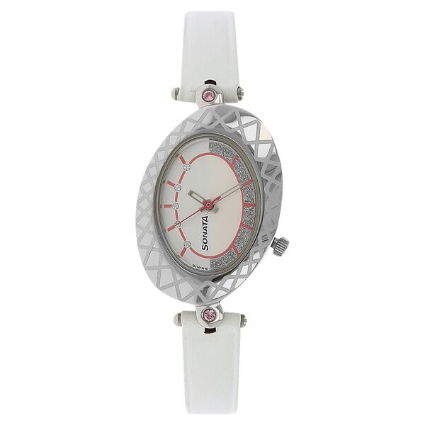 Sonata Quartz Analog Silver Dial Leather Strap Watch for Women - image number 0