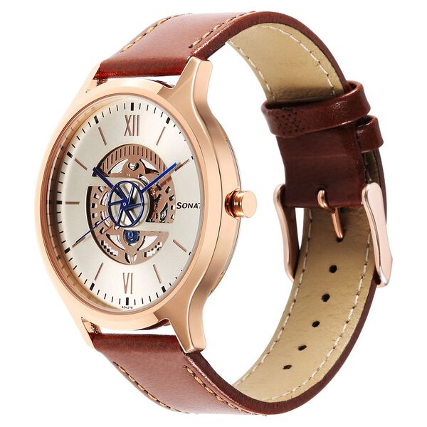 Sonata Unveil Quartz Multifunction Rose Gold Dial Leather Strap Watch for Men - image number 1