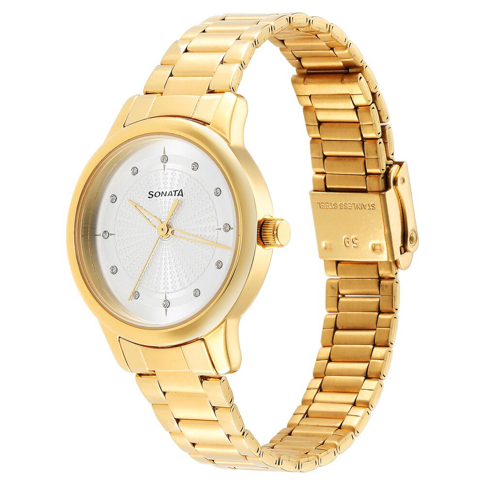 Buy Online Sonata Classic Gold Silver Dial Metal Strap Watch for Women ns8178ym01 Sonata