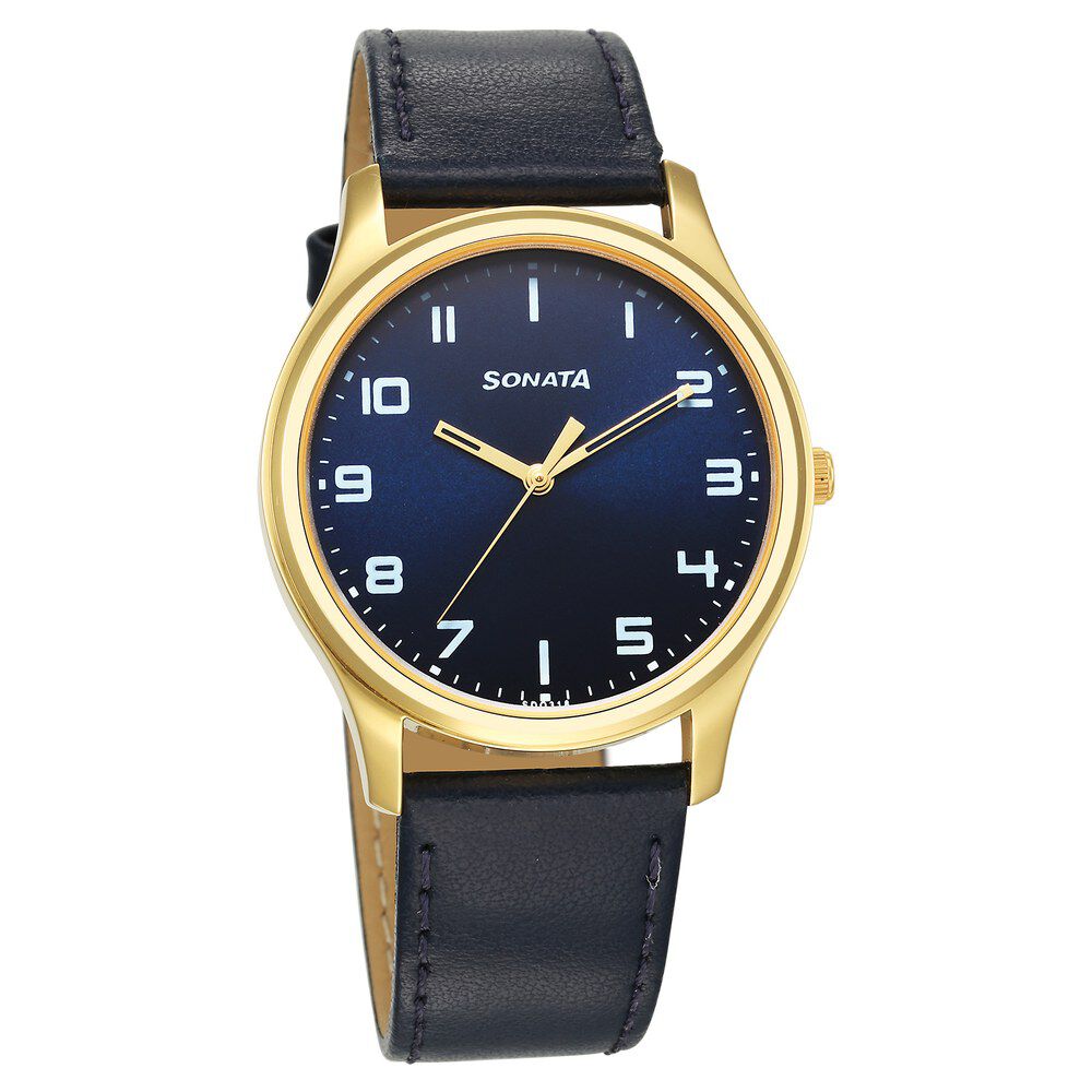 Buy Online Sonata Traditional Essentials Quartz Analog Blue Dial Leather Strap Watch for Men 77082yl10 Sonata