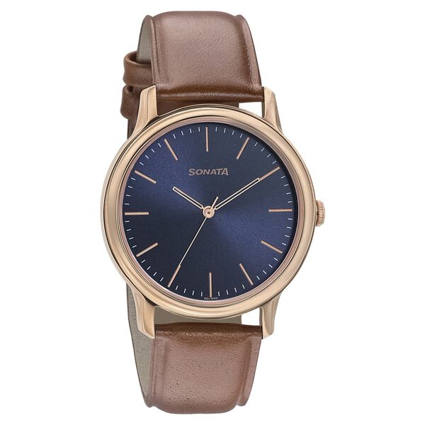 Sonata Beyond Gold Quartz Analog Blue Dial Leather Strap Watch for Men - image number 0