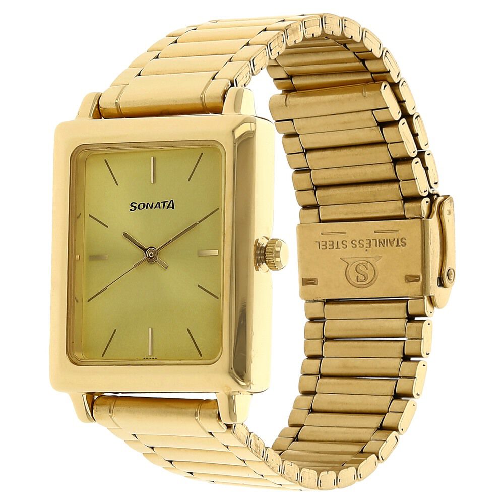 Buy Online Sonata Quartz Analog Champagne Dial Stainless Steel Strap Watch for Men ns7078ym02 Sonata