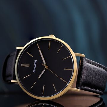 Sonata Quartz Analog Black Dial Black Leather Strap Watch For Men