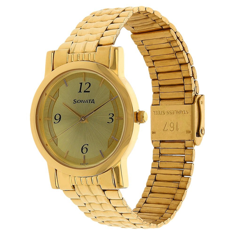 Sonata Quartz Analog Champagne Dial Stainless Steel Strap Watch