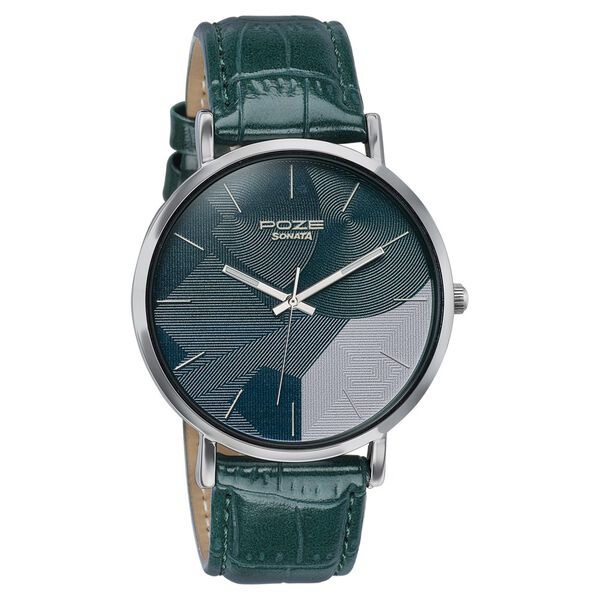 Poze By Sonata Quartz Analog Green Dial Green Leather Strap Watch For Men - image number 2