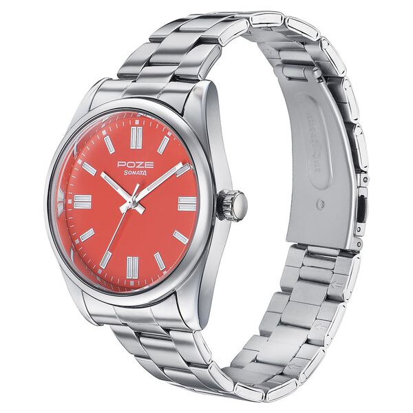 Sonata Poze Quartz Analog Orange Dial Silver Metal Strap Watch For Men - image number 3