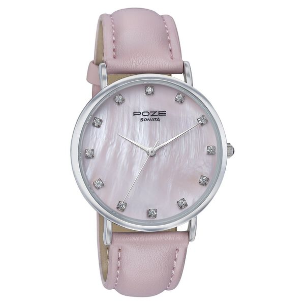 Sonata Poze Quartz Analog Pink Mother Of Pearl Dial Pink Color Leather Strap Watch For Women - image number 2