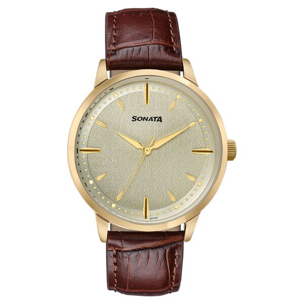Sonata Jashn Quartz Analog Golden Dial Brown Leather Strap Watch For Men - image number 0