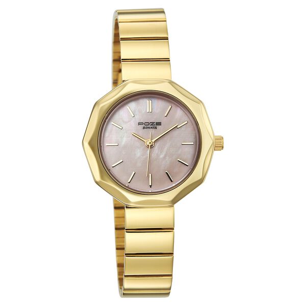 Poze Poze Quartz Analog Pink Dial Golden Stainless Steel Strap Watch For Women - image number 1