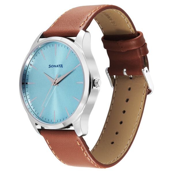Sonata Ease Watches For Men With Brown Leather Strap And Light Blue Dial - image number 1
