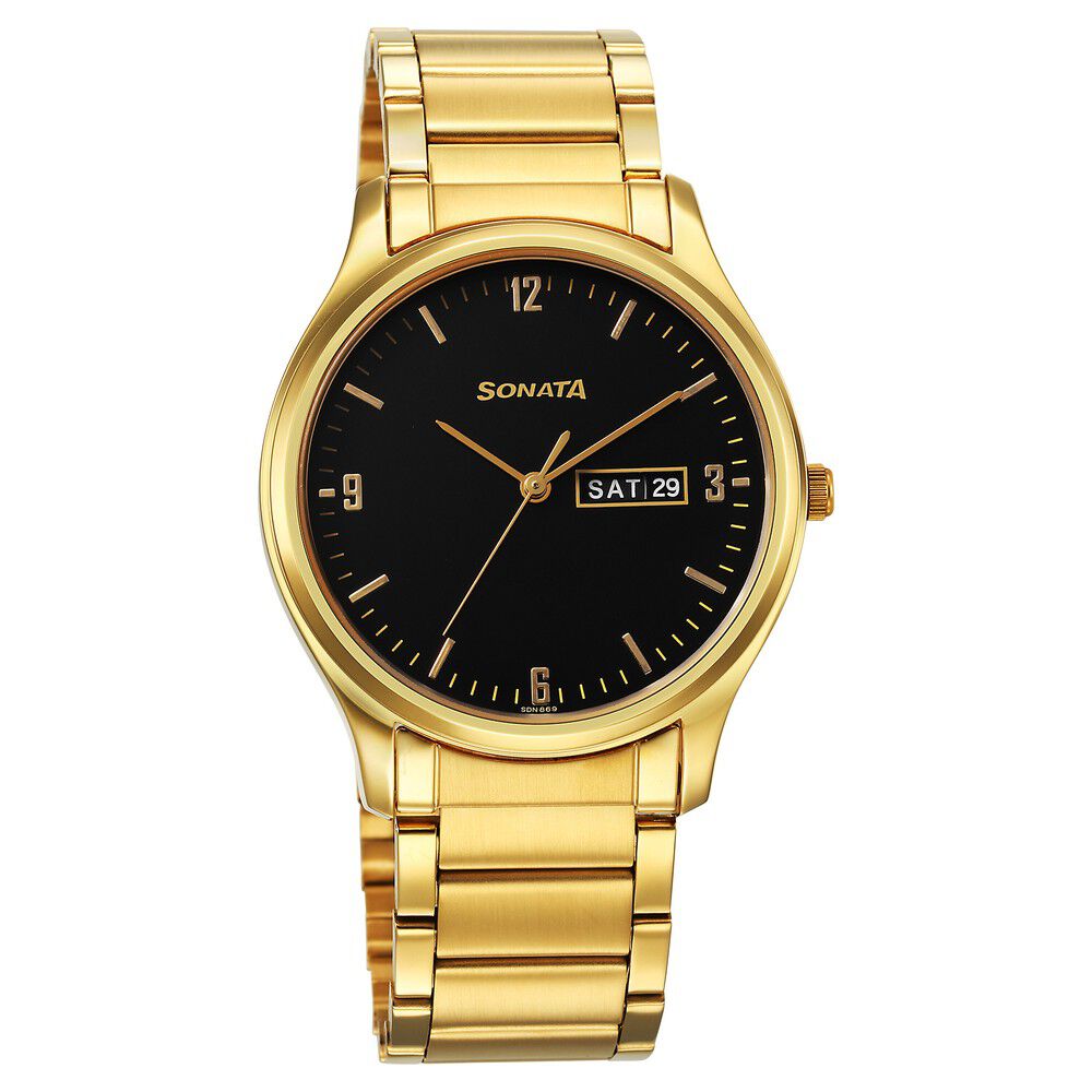 Buy Online Sonata Quartz Analog with Day and Date Black Dial Watch for Men ns77082ym08 Sonata