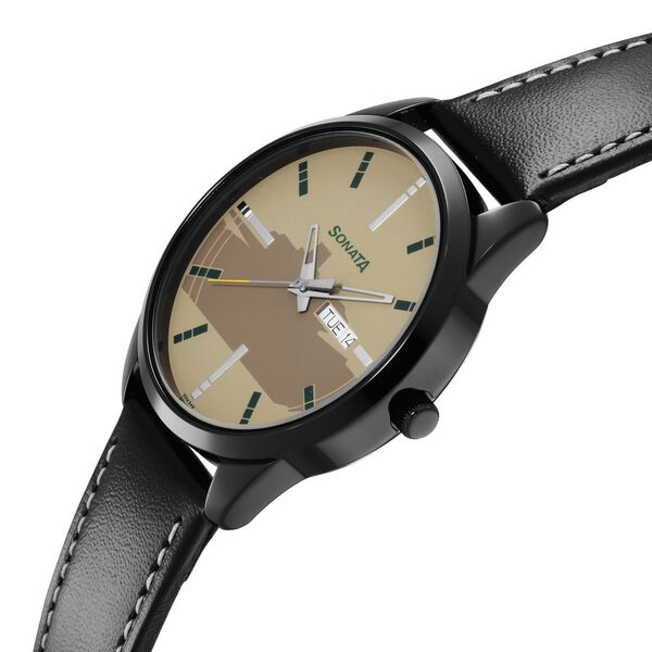 Sonata Force Quartz Analog with Day and Date Off White Dial Leather Strap Watch for Men - image number 2