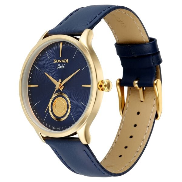 Sonata Gold Blue Dial Leather Strap Watch for Men with 22K Tanishq Gold Coin - image number 2