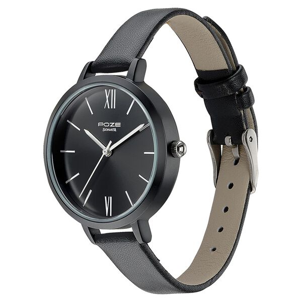 Sonata Poze Quartz Analog Black Dial Leather Strap Watch for Women - image number 3