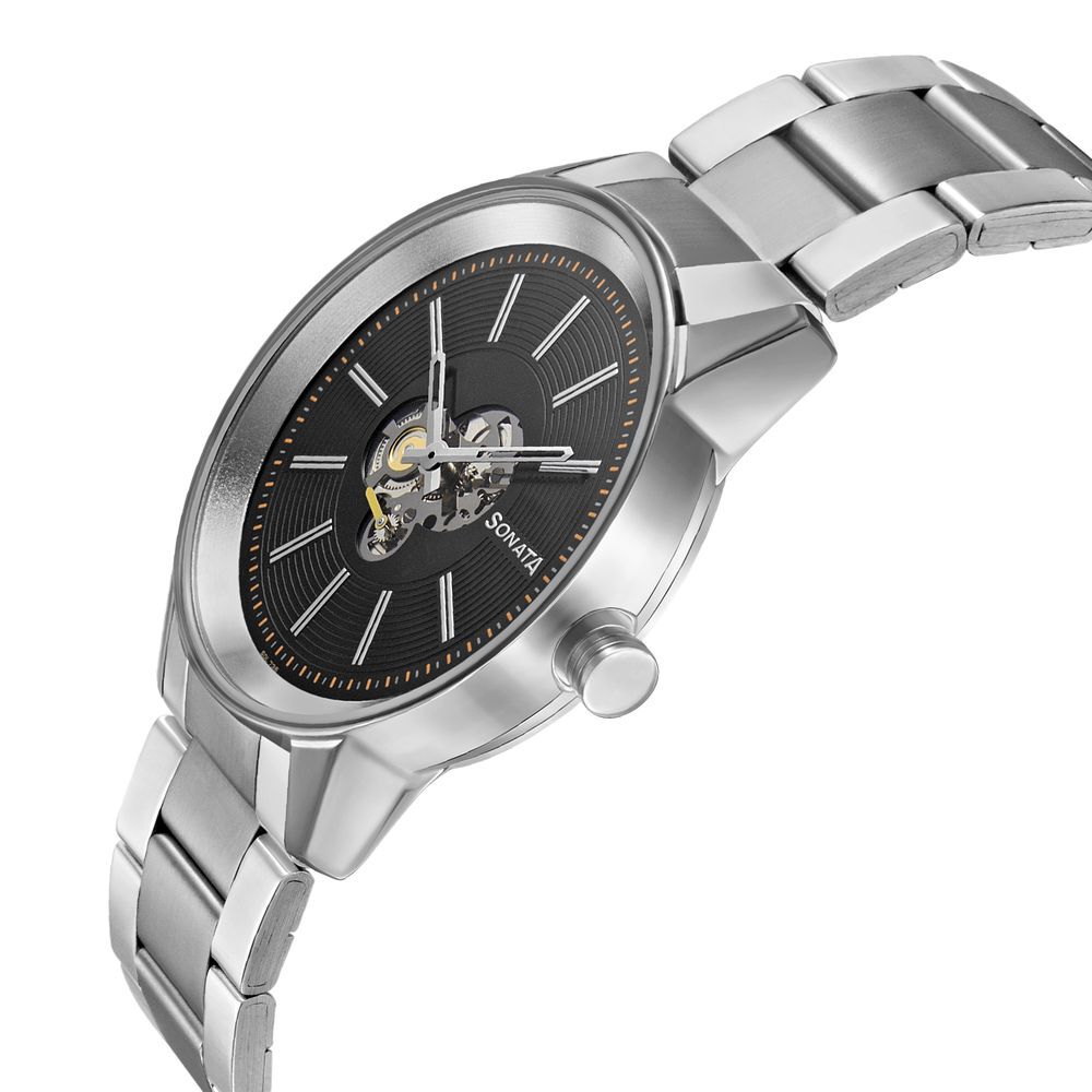 Sonata Quartz Multifunction Black Dial Stainless Steel Strap Watch for Men