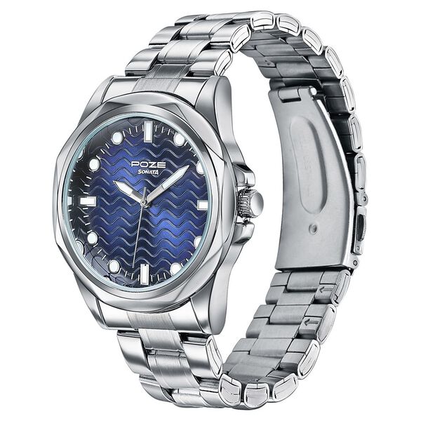 Poze By Sonata Quartz Analog Blue Dial Silver Metal Strap Watch For Men - image number 4