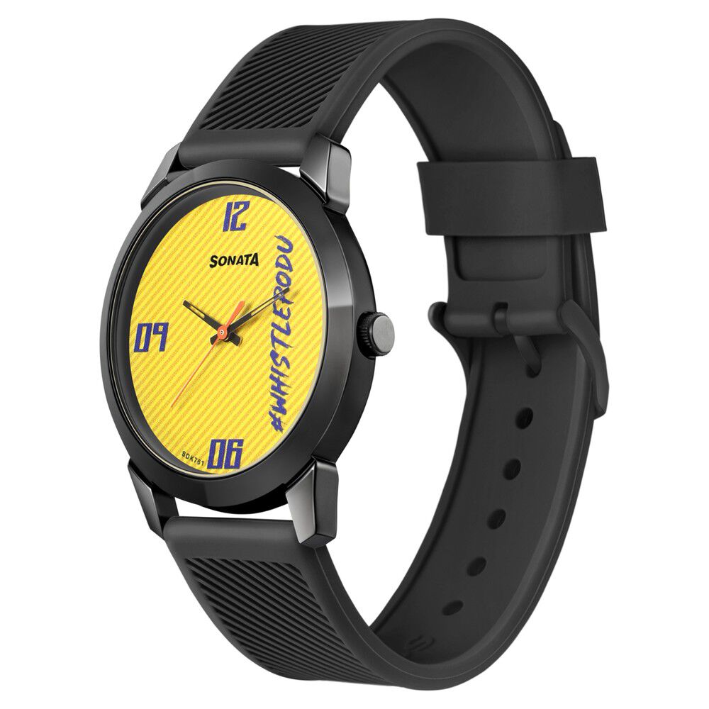 Buy Online Sonata CSK Quartz Analog Yellow Dial TPU Strap Watch for Men 77107np01 Sonata