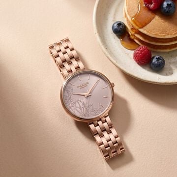 Poze Poze Quartz Analog Beige Dial Rose Gold Metal Strap Watch For Women