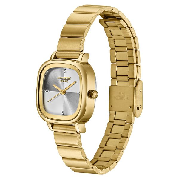 Poze By Sonata Quartz Analog Silver Sunray Dial Golden Stainless Steel Strap Watch For Women - image number 4