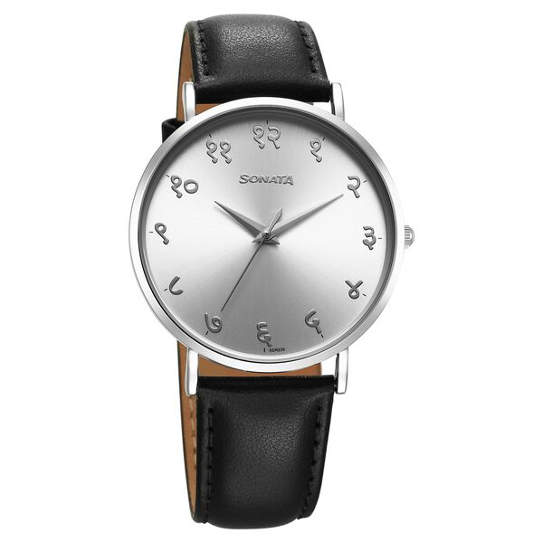 Sonata Regional Edition Hindi Quartz Analog Silver Dial Leather Strap Watch For Men - image number 0