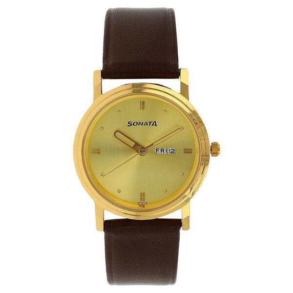 Sonata Quartz Analog with Day and Date Champagne Dial Leather Strap Watch for Men - image number 0