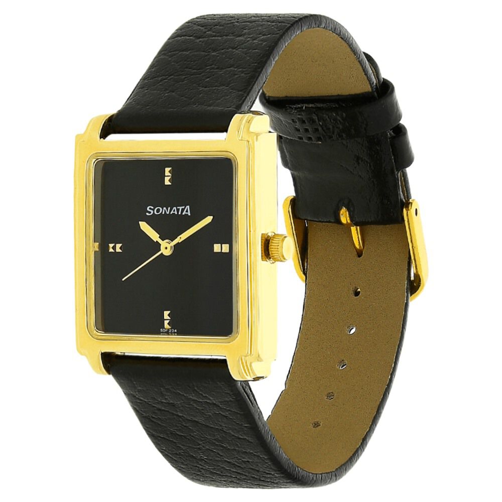 Sonata Quartz Analog Black Dial Leather Strap Watch for Men