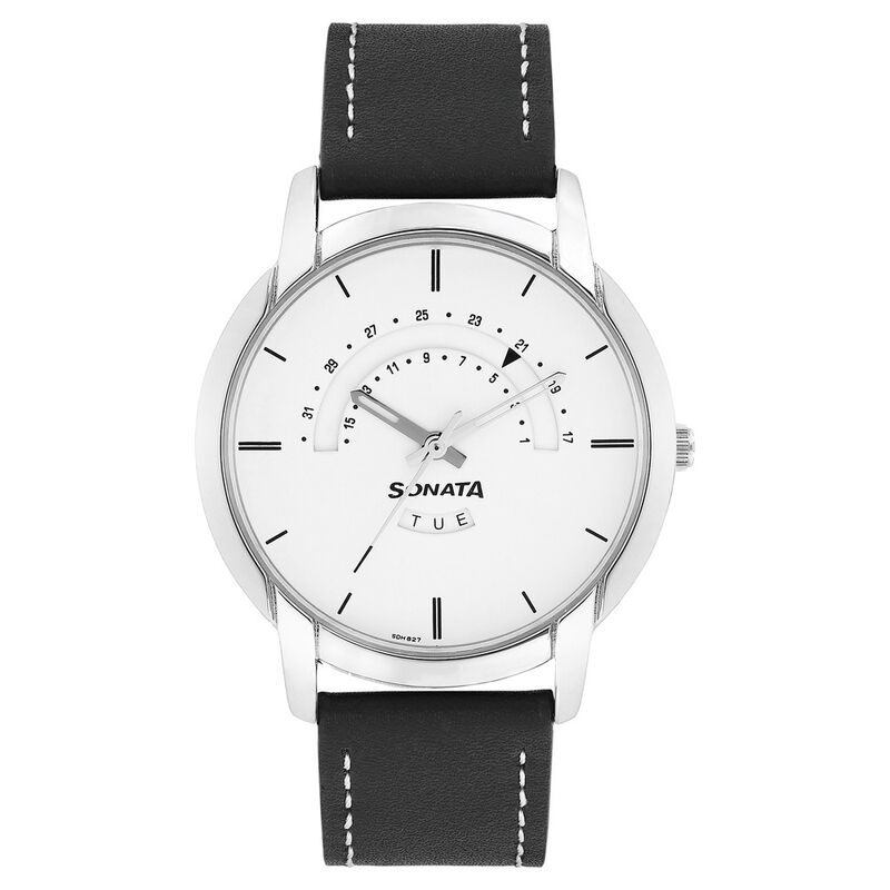 Sonata Quartz Analog with Day and Date White Dial Leather Strap Watch for Men - image number 0