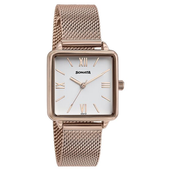Sonata Quartz Analog White Dial Rose Gold Stainless Steel Strap Watch For Women - image number 2