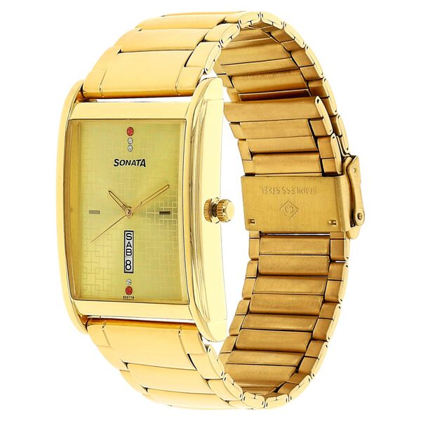 Sonata Quartz Analog with Day and Date Champagne Dial Stainless Steel Strap Watch for Men - image number 1