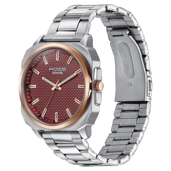 Sonata Poze Quartz Analog Red Dial Silver Metal Strap Watch For Men - image number 4