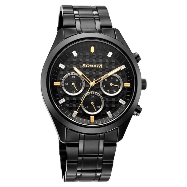 Sonata Summit Quartz Multifunction Black Dial Black Metal Strap Watch For Men - image number 1