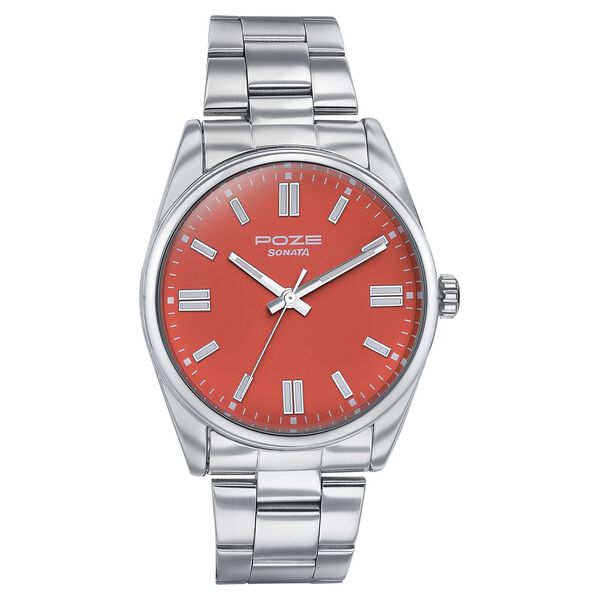 Sonata Poze Quartz Analog Orange Dial Silver Metal Strap Watch For Men - image number 1