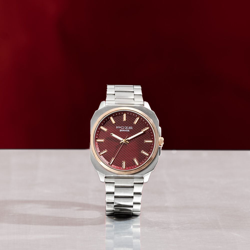 Sonata Poze Quartz Analog Red Dial Silver Metal Strap Watch For Men-image-39