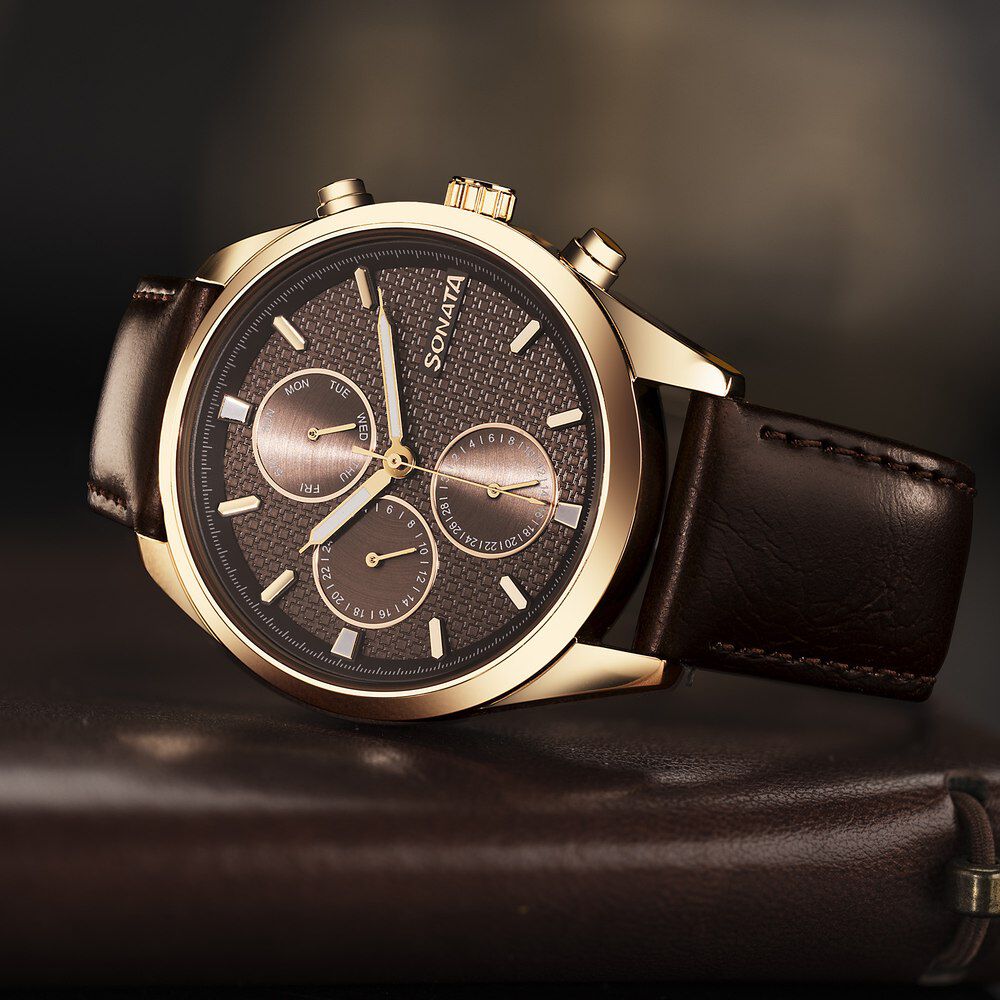 Sonata Magna Quartz Multifunction Brown Dial Rose Gold Leather Strap Watch For Men-picture-10