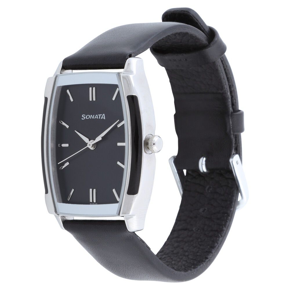 Buy Online Sonata Quartz Analog Black Dial Leather Strap Watch for Men np7080sl02 Sonata