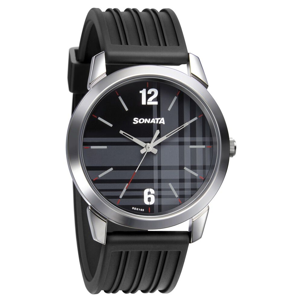 Sonata Smart Plaid Quartz Analog Black Dial TPU Strap Watch for Men