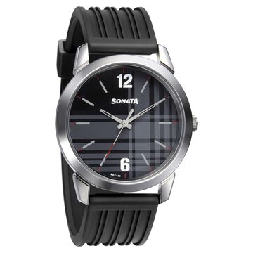 Sonata Smart Plaid Quartz Analog Black Dial TPU Strap Watch for Men