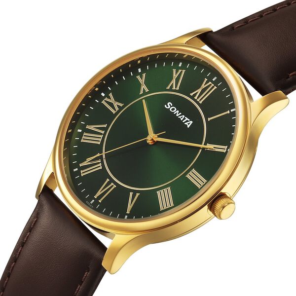 Sonata Traditional Essentials Quartz Analog Green Dial Brown Leather Strap Watch For Men - image number 2