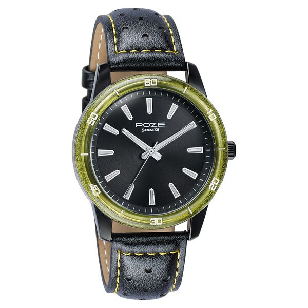 Poze By Sonata Quartz Analog Black Dial Two Toned Leather Strap Watch For Men - image number 2
