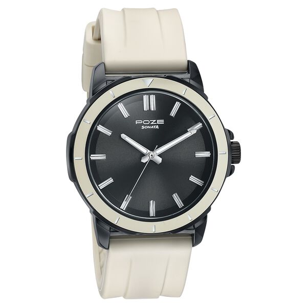 Sonata Poze Quartz Analog Black Dial Beige Silicone Strap Watch For Men - image number 2