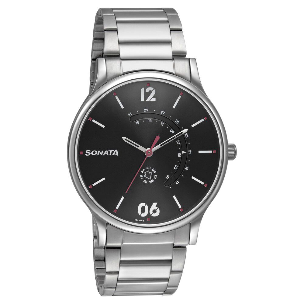 Buy Online Sonata RPM Quartz Analog with Day and Date Brown Dial Stainless Steel Strap Watch for Men ns77105sm03 Sonata